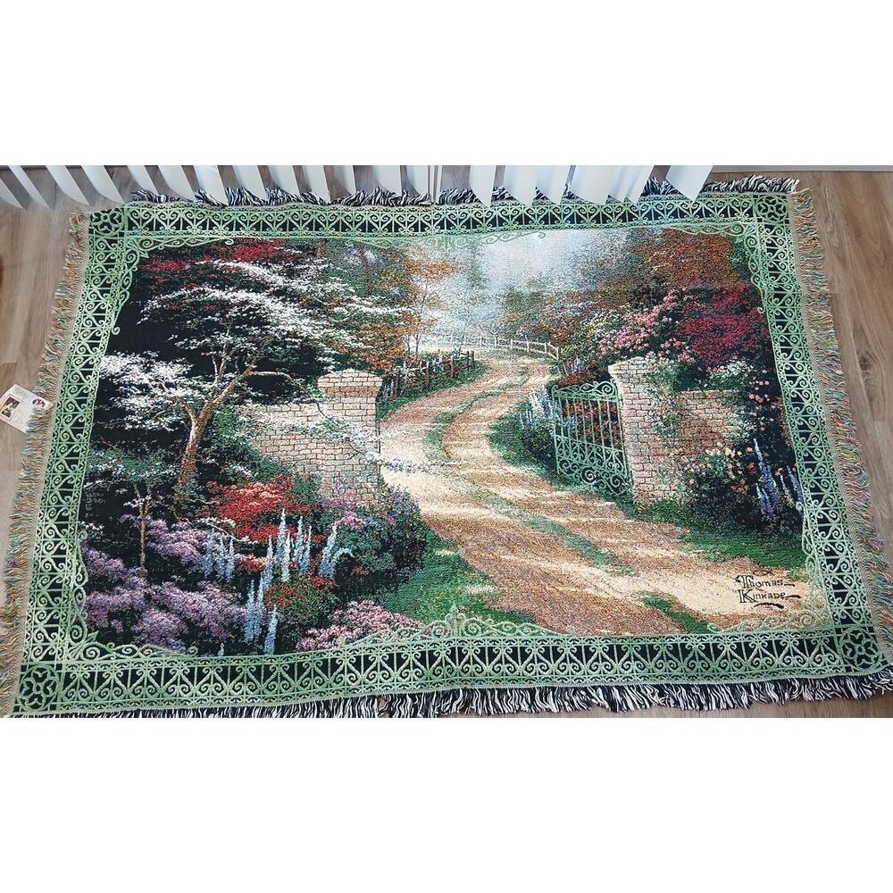 Thomas Kinkade Spring Gate Tapestry Throw 46" x 65" cotton blanket rug w/ fringe